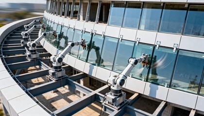 Wide view of multiple robotic units synchronizing to install glass façades on a modern building demonstrating coordinated automation.