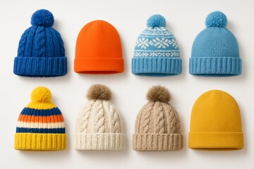 Colorful collection of winter hats arranged neatly, showcasing diverse styles and patterns for cozy warmth during cold weather