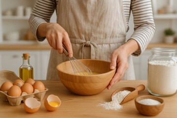 Mixing fresh ingredients in a cozy kitchen, creating a delicious recipe with eggs, flour, and oil to bake something special