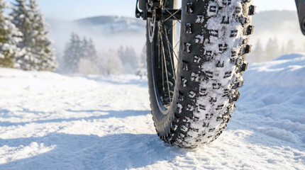 Bike with snow tires on snowy path in winter forest landscape