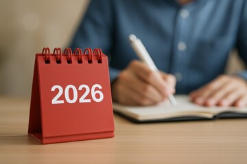 Planning ahead with a 2026 calendar in a cozy workspace while jotting down thoughts and goals for the future