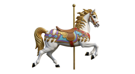 Ornate white carousel horse, with golden mane and tail adorned with colorful saddle and bridle, isolated on transparent background, PNG