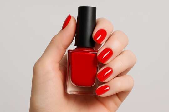 Bright red nails showcasing elegance with a stylish nail polish bottle held in a well-groomed hand against a simple background