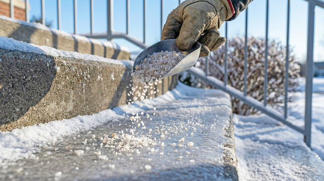 Icy stairs with salt being scattered outdoors in winter