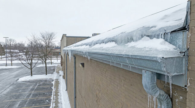 Ice buildup on gutter with snow on roof of commercial building in winter - Powered by Adobe