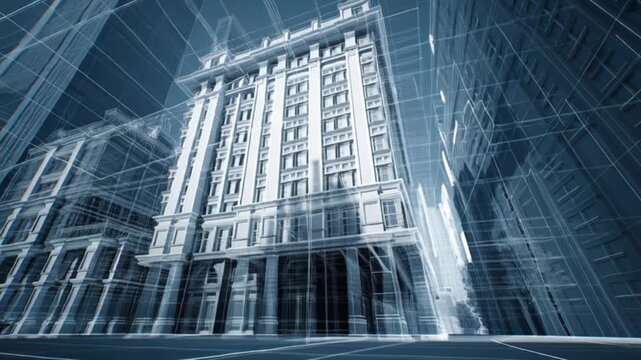 Cinematic 3D blueprint of a futuristic building, showcasing detailed sci-fi architectural design, holographic visuals, and high-tech digital modeling in a sleek, immersive, ultra-modern perspective