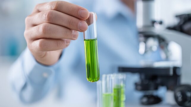 Laboratory Experiment of a Scientist Holding a Test Tube Containing Green Solution in Front of a Microscope for Analysis and Research