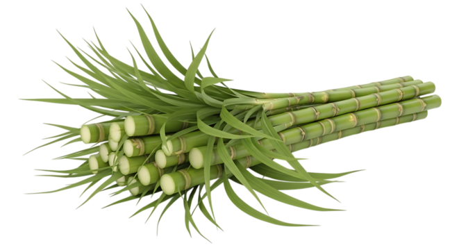 Bundle of fresh green sugar cane stalks, with long leaves, isolated on transparent background, PNG