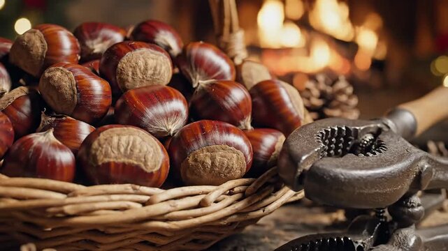 Pile of raw chestnuts in a wicker basket with a nutcracker and fireplace in the background