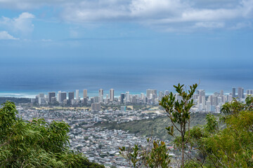 Pālolo Valley with the city skyline of Honolulu. Mauʻumae Ridge Trail (Puʻu Lanipō), Oahu,...