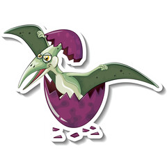 Baby Pterodactyl Emerging From Cracked Purple Egg Dinosaur Cartoon Hatching Out Of Shell...