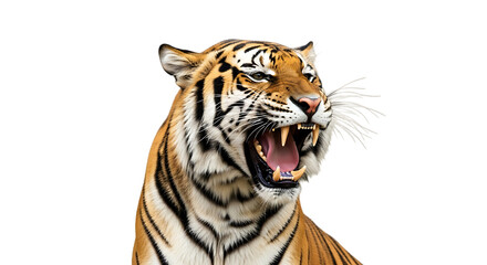 Fototapeta premium Close up of a roaring tiger, with mouth open showing sharp teeth and pink tongue, isolated on transparent background, PNG