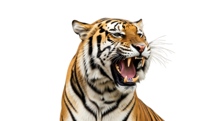 Close up of a roaring tiger, with mouth open showing sharp teeth and pink tongue, isolated on transparent background, PNG