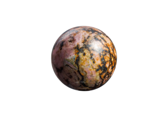 A vibrant black rhodonite ball on a white isolated background, highlighted by striking pink streaks and a smooth polish. Perfect for spiritual decor or gemstone displays.