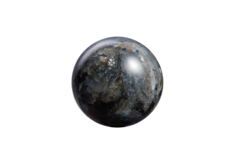 A shiny black larvikite ball on a white isolated background, highlighted by delicate blue flecks and a glossy finish. Perfect for spiritual decor or gemstone displays.