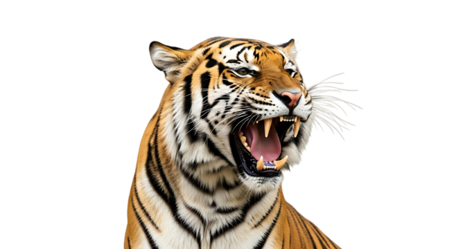 Close up of a roaring tiger, with mouth open showing sharp teeth and pink tongue, isolated on transparent background, PNG