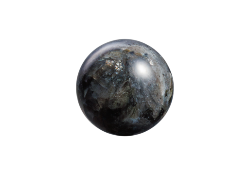 A shiny black larvikite ball on a white isolated background, highlighted by delicate blue flecks and a glossy finish. Perfect for spiritual decor or gemstone displays.