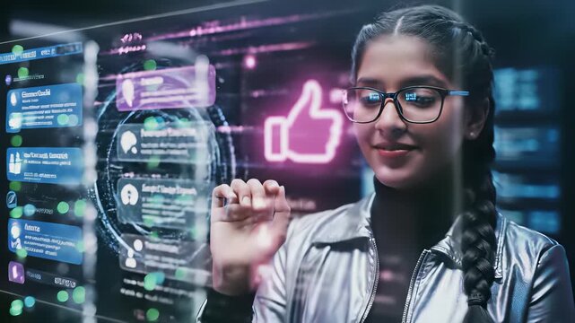 A confident woman stands in front of a futuristic interface, her tech savvy attire and hands hovering over the digital surface as she navigates through a social network, exemplifying the.
