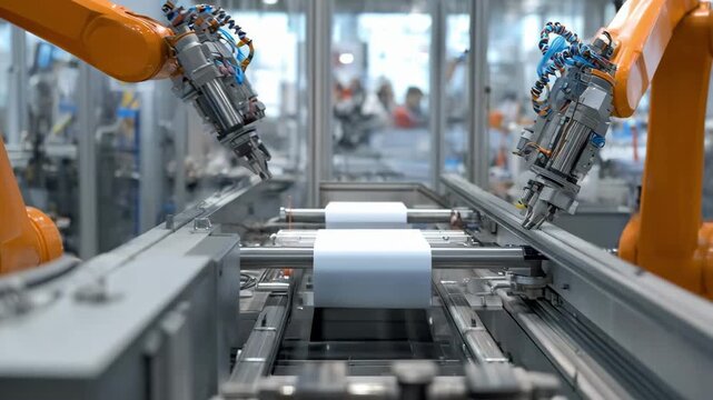 Medium shot of synchronized robotic printers working on a complex multilayer print job demonstrating seamless coordination in automated printing.