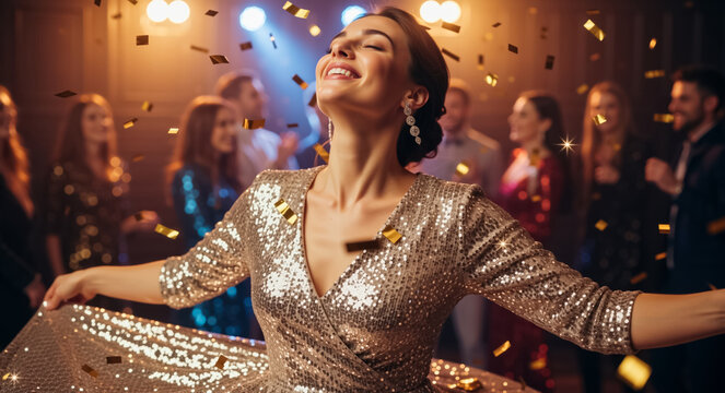 Happy young woman celebrating with confetti at a party. Female in silver sequin dress laughing at a nightclub event. Christmas and new year holiday concept - Powered by Adobe
