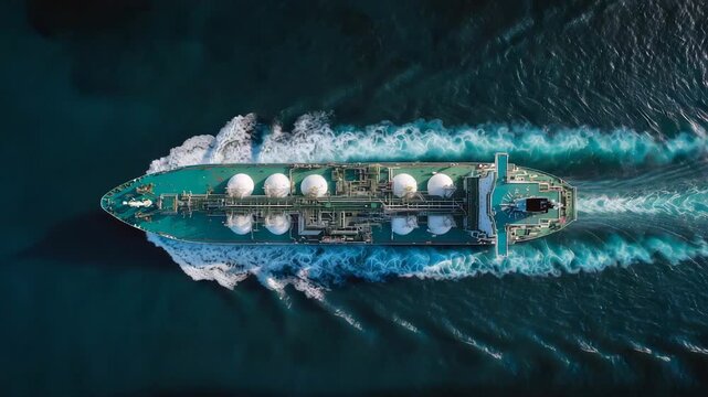 Aerial view of modern LNG tanker ship transporting liquefied natural gas across ocean representing maritime energy logistics fuel transportation and global industrial shipping