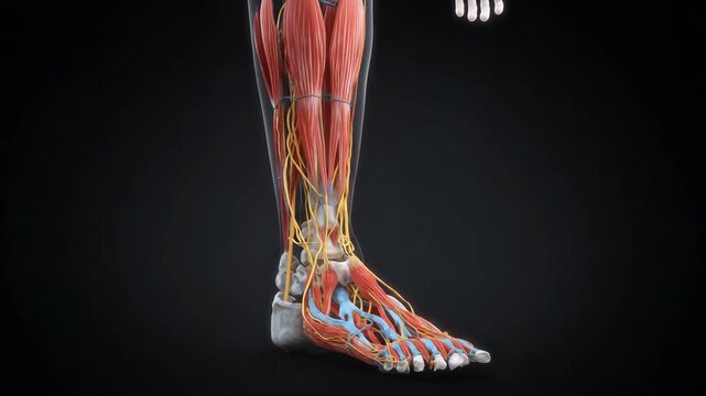 Anatomical visualization of lower leg and foot showing muscles nerves and blood vessels detailed medical illustration for education healthcare and anatomy studies