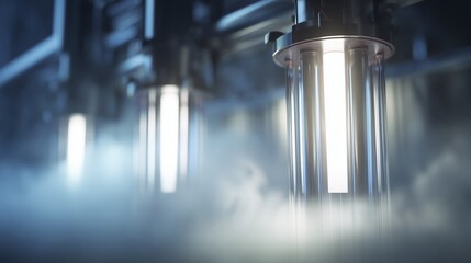 A Close-Up View of Illuminated Glass Tubes Shining Brightly Amidst Soft Fog, Creating a Mystical Atmosphere of Light and Shadow