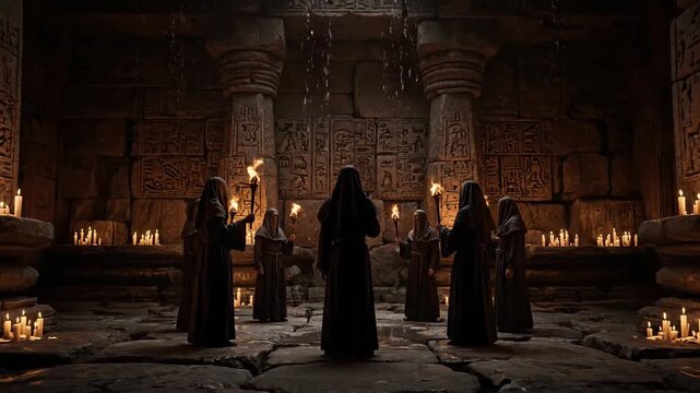 Ancient ritual enactment with figures in a mysterious stone chamber