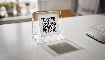Close-up of a QR code displayed on a stand on a white desk, technology for easy scanning