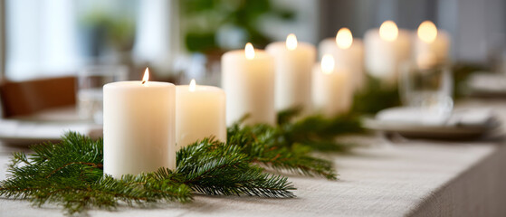 Row of white pillar candles with green pine branches arranged on a table for festive holiday decoration in soft natural light