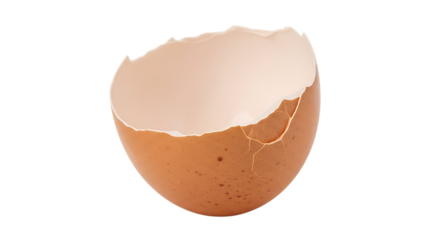 Cracked brown eggshell half, with speckled texture and white interior, isolated on transparent background, PNG