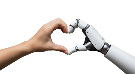 Human hand and robotic arm, forming a heart shape, isolated on transparent background, PNG