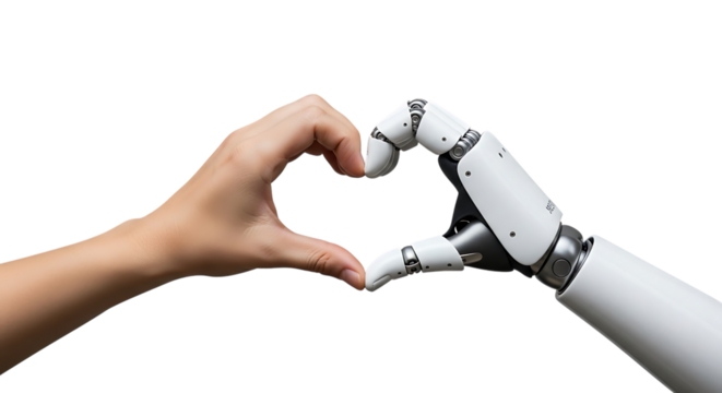 Human hand and robotic arm, forming a heart shape, isolated on transparent background, PNG