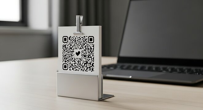 A tabletop display with a scannable QR code on a wooden desk, symbolizing modern contactless payment and digital information access in a business setting