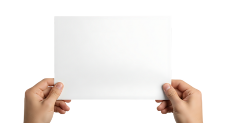 Two human hands, holding a blank white rectangular sheet of paper, isolated on transparent background, PNG