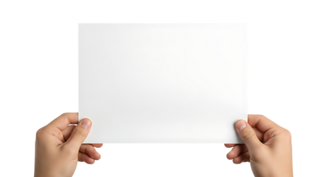 Two human hands, holding a blank white rectangular sheet of paper, isolated on transparent background, PNG - Powered by Adobe