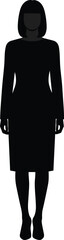 A professional woman wearing a stylish business dress and standing straight in a formal posture; black full-body silhouette vector illustration isolated on a 