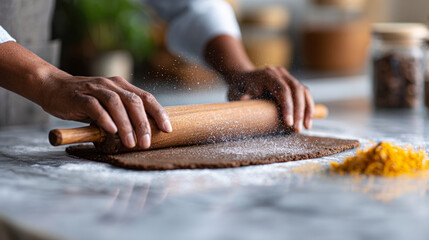 Close-up of hands rolling dough with a wooden rolling pin on a floured marble countertop in a kitchen setting