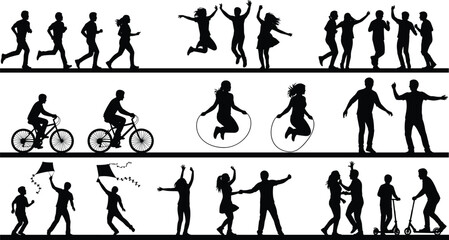 Active lifestyle silhouettes set, people running, jumping, riding bike, flying kite, skipping rope, playing scooter, outdoor recreation, isolated vector.