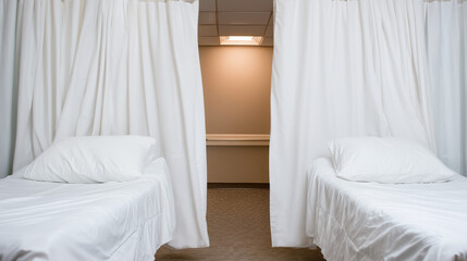 Two empty beds in a hospital room with white privacy curtains. Medical clinic or emergency shelter for patient recovery and healthcare