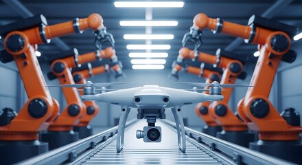 Automated drone assembly line with robotic arms in a modern factory setting