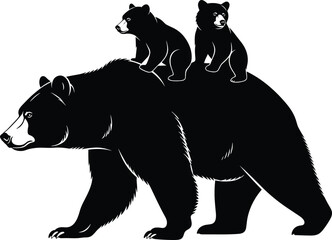 Black Bear Mother Walking with Two Cute Cubs Riding Comfortably on Her Back in a Striking Black and White Vector Graphic Illustration Design. © Enamul