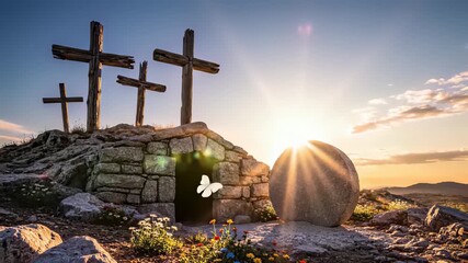 Stone crosses standing atop rocky hillside illuminated by setting sun, symbolizing unity harmony balance perfect for serenity spirituality contemplation and representing the concept of three.