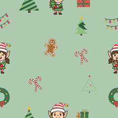 Cute Christmas elves and Christmas icons seamless pattern