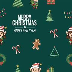 Christmas elves and holiday icons seamless pattern