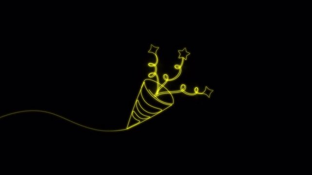 Video. Neon continuous single editable line drawing of holiday cracker with confetti with ribbons and stars. A symbol of fun, celebration, surprise. Animation on a black background 4K.