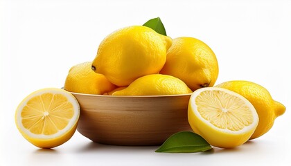 bowl of fresh lemons and lemon slices isolated on white background