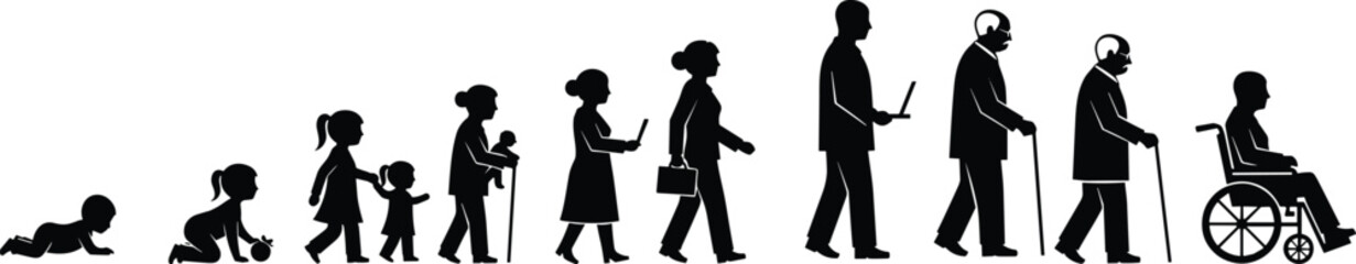 Black Silhouette Vector of Human Life Cycle Progression from Baby Crawling through Childhood Adulthood Career and Old Age to Elderly Person in a Wheelchair Isolated on White