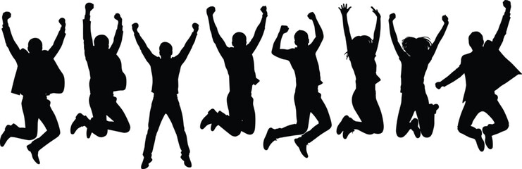 Black Silhouette Vector Set of Eight Diverse Young Adults Jumping High with Arms Raised Celebrating Success Happiness Freedom and Energy Isolated on a Clean White Background for Design and Projects