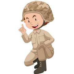 Cartoon Soldier in Camouflage Helmet and Tan Uniform Crouching and Pointing Finger on Transparent Background